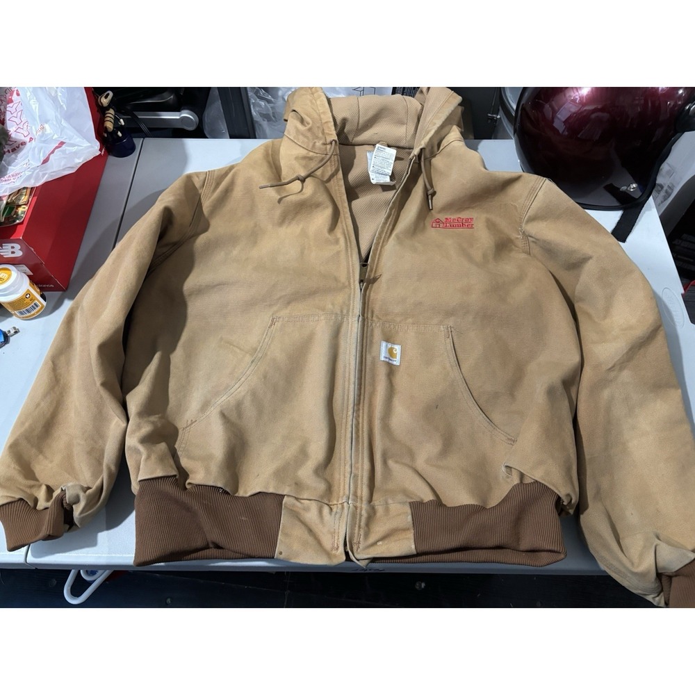 Vintage Usa Carhartt J131 Brn Canvas Thermal Lined Hooded Jacket XL McCray Lumbe